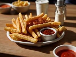 french fries with ketchup and crispy bacon topping photo