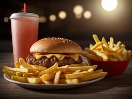 Set of Meat hamburger and french fries and soft drink. photo