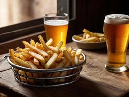 french fries with glass of beer. photo