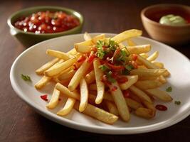french fries and crispy bacon with ketchup photo