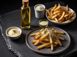 french fries with mayo sauce and olive oil. photo