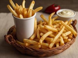 french fries serve on the wooden table photo