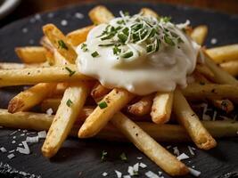 potatoes fried with sour cream and spring onion on top photo