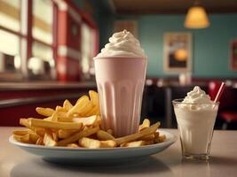 French fries and ice cream in a cup, fast food restaurant photo