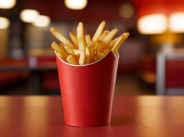 A red paper cup french fries. photo