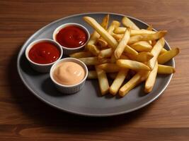 french fries with ketchup and mayo photo