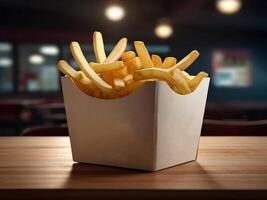 A paper box of full french fries. photo