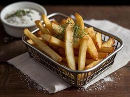 french fries in a steel basket with sour cream sauce photo