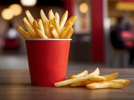 A red paper cup french fries. photo