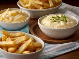 french fries with bowl of mash potato photo