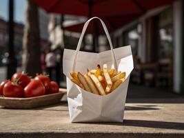 A paper bag of full french fries. photo