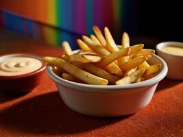 A white plastic bowl of french fries. photo