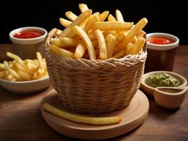 A wooden basket of french fries photo