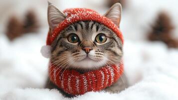 A playful cat in a red hat enjoys a snowy landscape surrounded by pine cones photo