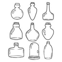 A collection of nine jars and bottles, each uniquely shaped and designed, some with labels and lids. The assortment showcases various styles and sizes, perfect for storing different items. vector
