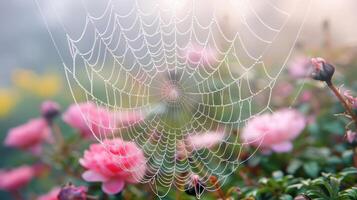A spider web covered in morning dew, with pink roses blurred in the background. photo