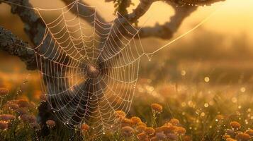 A spider web covered in dew hangs from a tree branch in a field of wildflowers at sunrise. photo