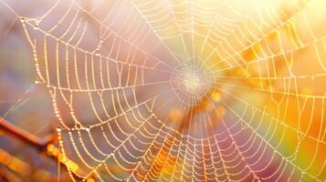 A spider web covered in dew drops, with a blurry background of colorful foliage. photo
