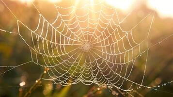 A spider web with dew drops glistening in the sunlight, creating a delicate and intricate pattern. photo