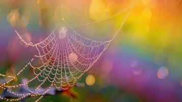 A spider web with dewdrops on a colorful blurred background. photo