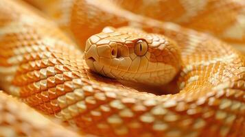 Close-up of a yellow snake with a patterned body and a piercing gaze. photo