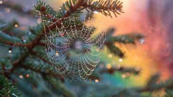 Dew-covered spider web hanging on a pine tree branch with a colorful bokeh background. photo