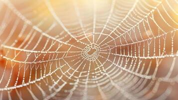 A close-up of a spider web with dew drops, illuminated by the morning sun. photo