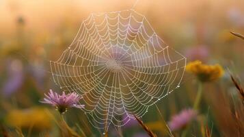 A spiderweb covered in morning dew hangs between wildflowers in a field, with the sun shining through the delicate strands. photo