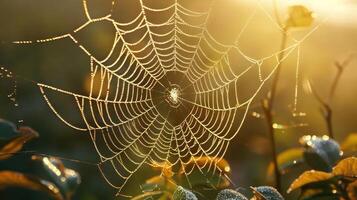 A spider web with dew drops on it in the early morning sunlight. photo