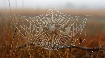 A spiderweb covered in dew drops, with a blurred background of dry grass and fog. photo