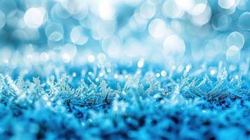 Abstract blue background with blurry bokeh lights and delicate frost patterns. photo