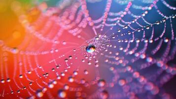 A close-up of a spider web with dew drops on it against a rainbow background. photo