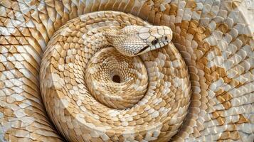 A close-up view of a coiled snake, showcasing intricate scales and a mesmerizing pattern. photo