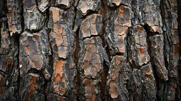 Close-up of rough, textured tree bark with deep cracks and a natural, earthy color. photo