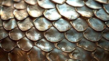 Close-up of metallic, overlapping scales with a subtle sheen. photo