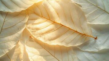 Close-up of delicate, translucent, dried leaves illuminated by sunlight, creating a natural, textured background. photo