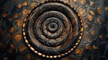 Close-up of a wooden bowl with a circular pattern, showcasing intricate details and natural texture. photo