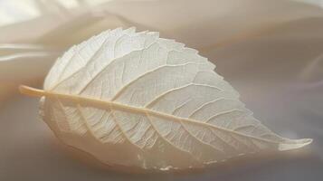 A delicate white leaf lies on a soft, white fabric, bathed in warm, natural light. photo
