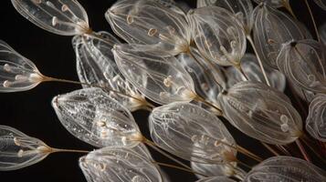 Close-up of delicate, translucent seed pods with tiny seeds inside, arranged in a radial pattern against a dark background. photo
