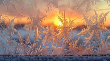 A stunning view of the sunrise through frosted windowpane, with intricate ice patterns creating a natural abstract art. photo