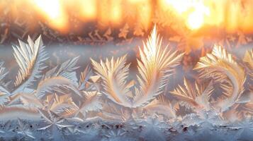 Close-up of intricate frost patterns on a windowpane with a warm golden glow behind. photo