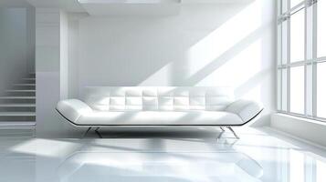Modern white living room with large windows and a white sofa. photo