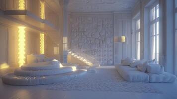 Minimalist white living room with large windows, a curved sofa, and a staircase leading to an upper level. photo