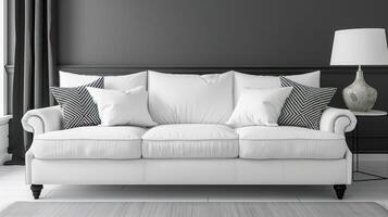 A white sofa with patterned pillows sits in front of a grey wall, with a lamp and side table on the right. photo