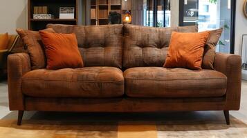 A brown sofa with two orange pillows sits in a modern living room. photo