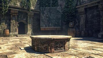 An ancient stone courtyard with a circular stone pedestal in the center, surrounded by barrels, overgrown with vines, and a large tapestry hanging on the wall. photo