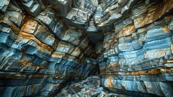 A close-up view of layered rock formations in a cave, showcasing intricate patterns and textures of grey, blue, and gold. photo