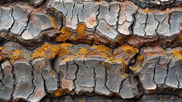 Close-up of rough tree bark with yellow lichen. photo