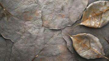A close-up view of several dry, gray leaves with visible veins and a golden hue on the edges. photo