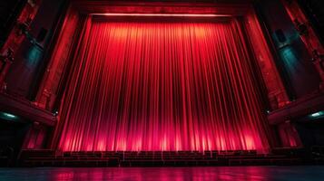 A large red curtain illuminated from behind in a theater setting. photo